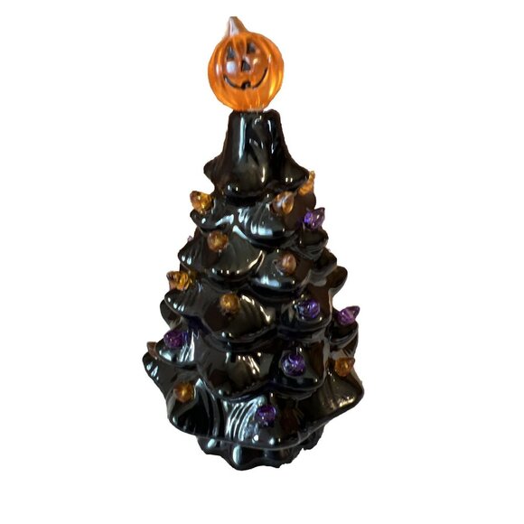 HALLOWEEN Black Ceramic Tree With Pumpkin Topper and LED Lights - Picture 2 of 5